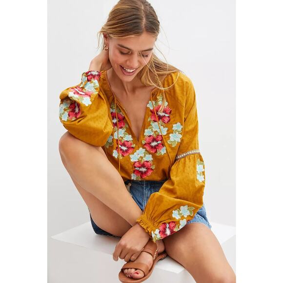 Anthropologie Tops - Anthropologie Forever that Girl Embroidered Floral Peasant Blouse Anthro Size 6